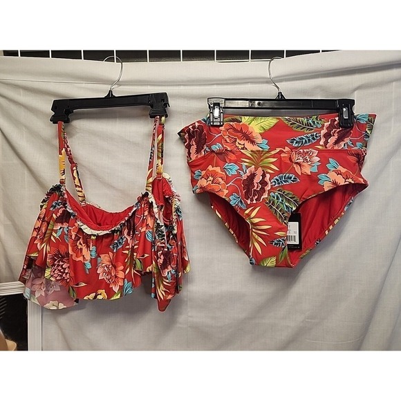 New SEXY LARGE Sunn Swim Lab Red Hawaiian two-piece ruffle Bikini HIGH waist - Picture 2 of 12